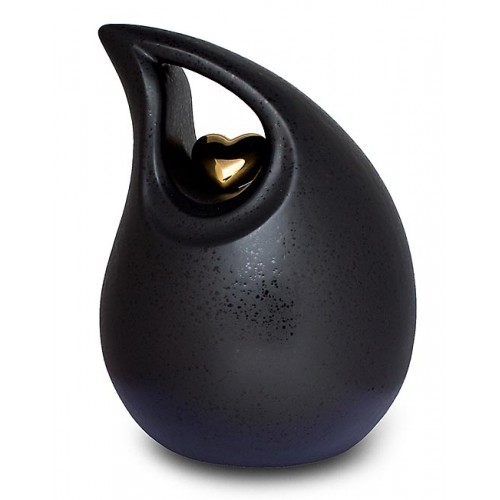 Ceramic (Small Size) – Pet Cremation Ashes Urn – Teardrop Design (Black with Gold Heart Motif)